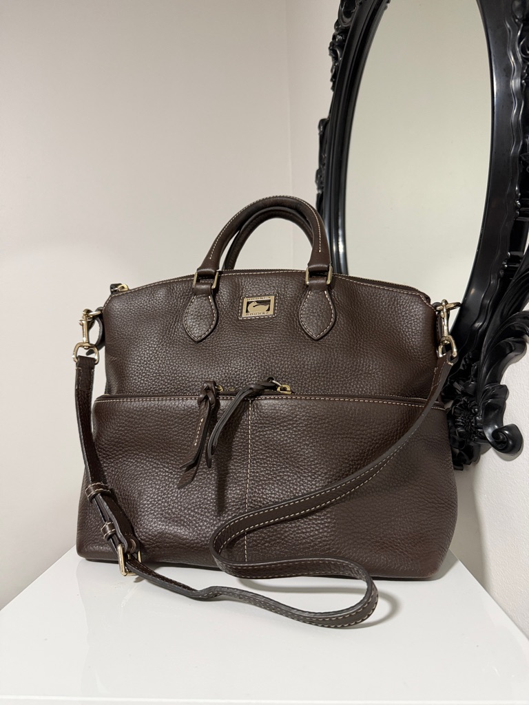 Dooney & Bourke Dark Brown Pebbled Leather Satchel With Crossbody Strap